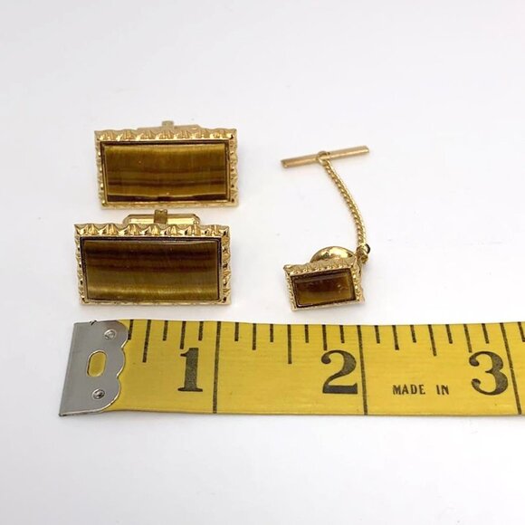 VINTAGE SENATOR Tiger's Eye Cufflinks and Tie Pin Set in Original Box! - Picture 7 of 7